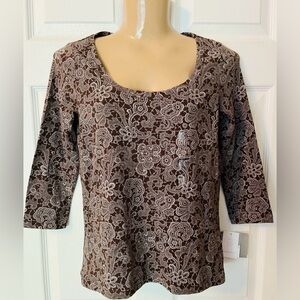 NWT Liz Claiborne Scoop Neck 3/4 Sleeve Brown/Blue Paisley Shirt SMALL Reg $39
